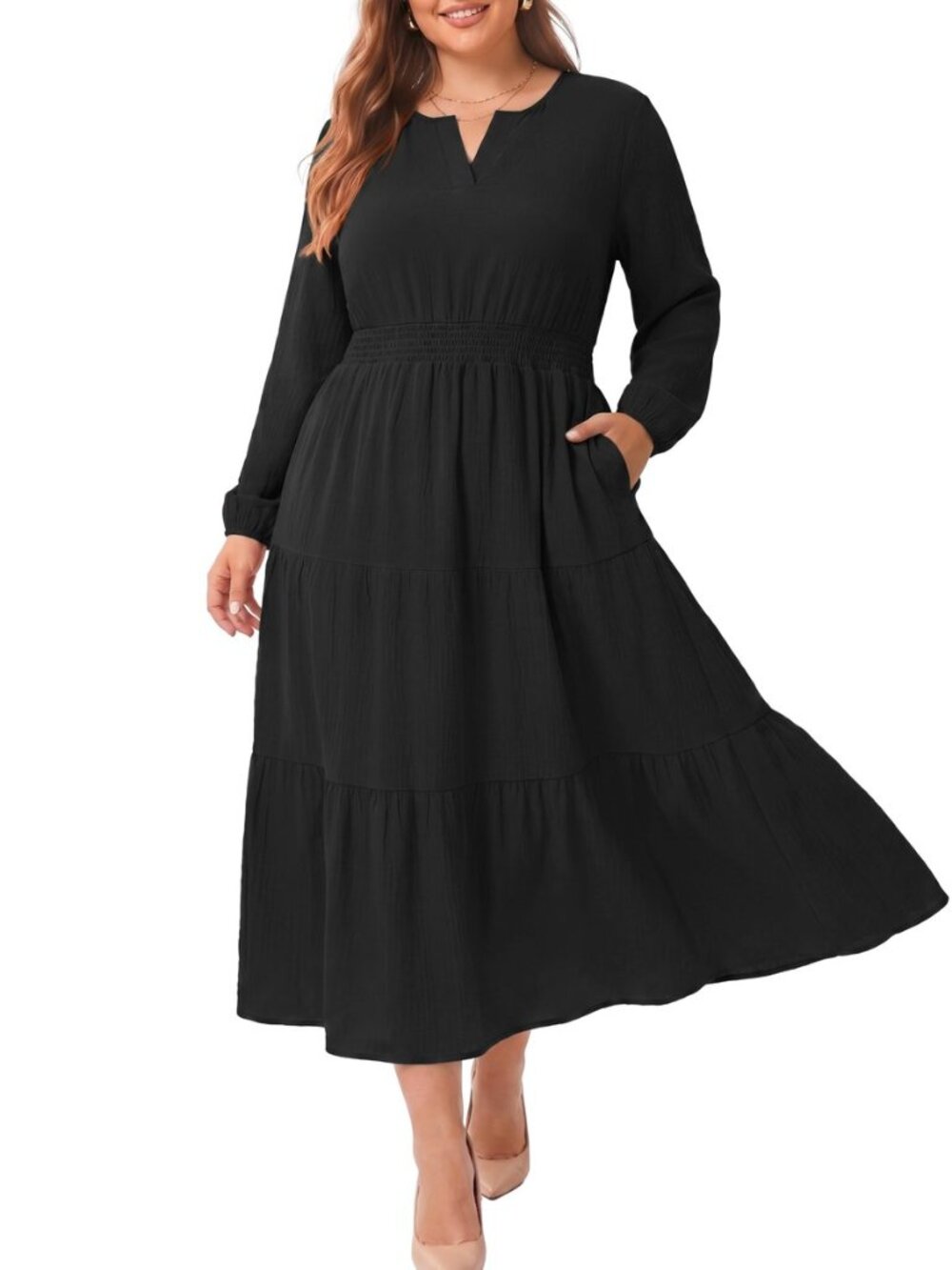 Plus Size Fall Maxi Dress for Curvy Women Long Sleeve Pockets